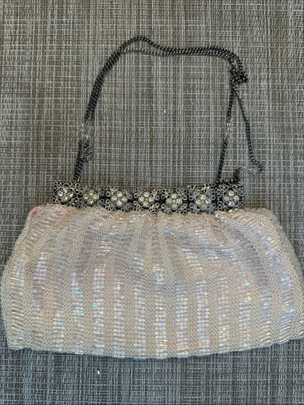 Clara Kasavina Hand Beaded Pink Evening Hand Bag with Decorative Metal Frame